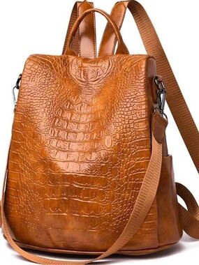 Croc-Embossed Tan Leather Backpack